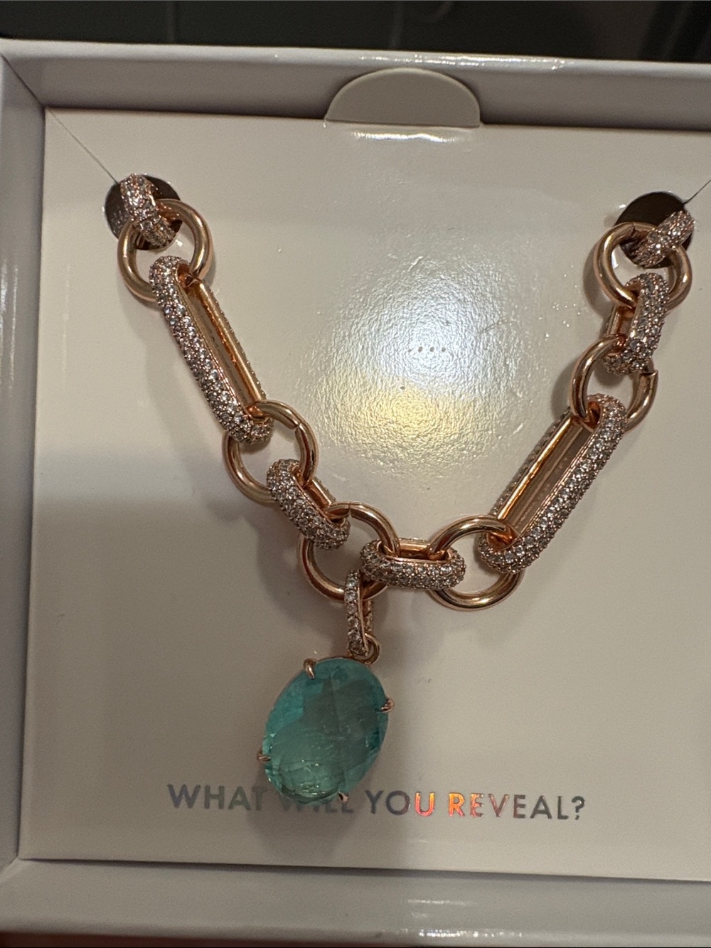 Rose Gold Link Necklace with Aqua Oval Pendant